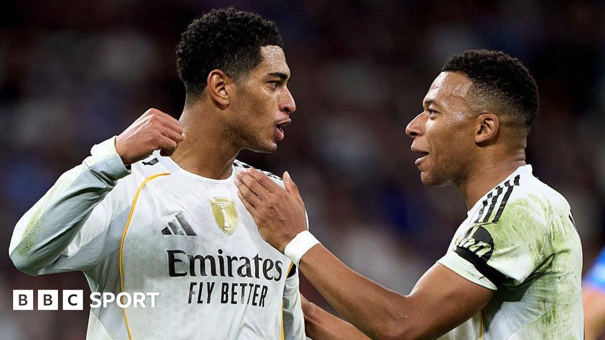 Real Madrid players Jude Bellingham and Kylian Mbappe celebrate