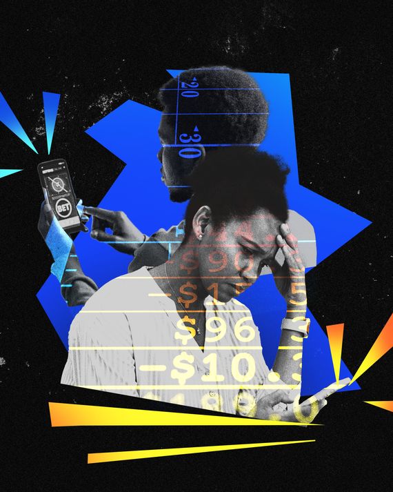 In this photo illustration, a woman with a concerned facial expression holds her head in her hands. Behind her, a man taps at a sports-betting app on a cell phone. 