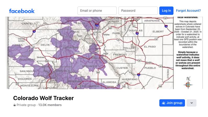 A map of Colorado with shaded purple areas indicating wolf activity regions, featured as the cover image for the "Colorado Wolf Tracker" Facebook group.