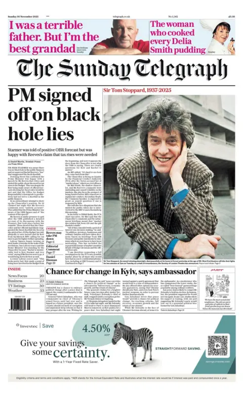 The headline on the front page of the Sunday Telegraph reads: "PM signed off on black hole lies".