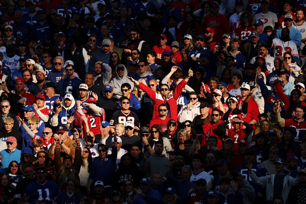 Fans watching the San Francisco 49ers vs New York Giants game at MetLife Stadium.