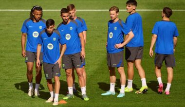 Pedri, Ferran Torres, Jules Kounde, Dani Olmo and Frenkie de Jong of FC Barcelona