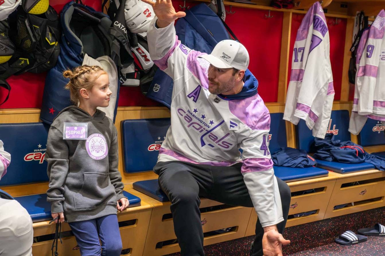 Tom Wilson and Sofia in the locker room before the Hockey Fights Cancer skate.