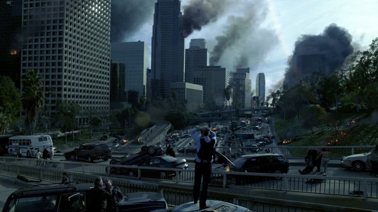 Mark Benford (Joseph Fiennes) surveys a Los Angeles in ruins in FlashForward