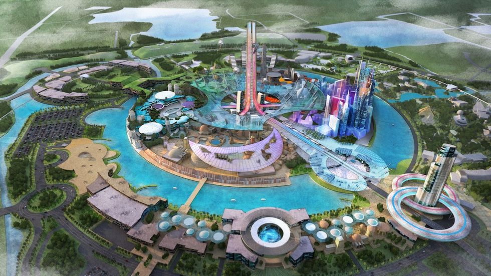 Futuristic theme park design with towers, waterways, and circular structures.
