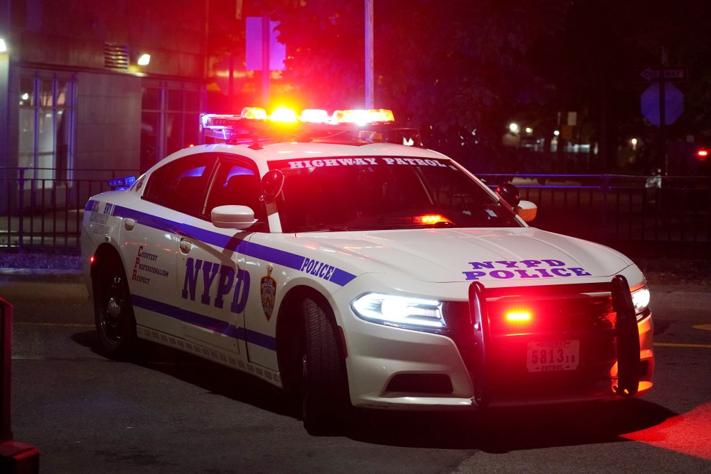 A general view of an NYPD Highway police car as seen at night in the Bronx, NY on August 3, 2024. 