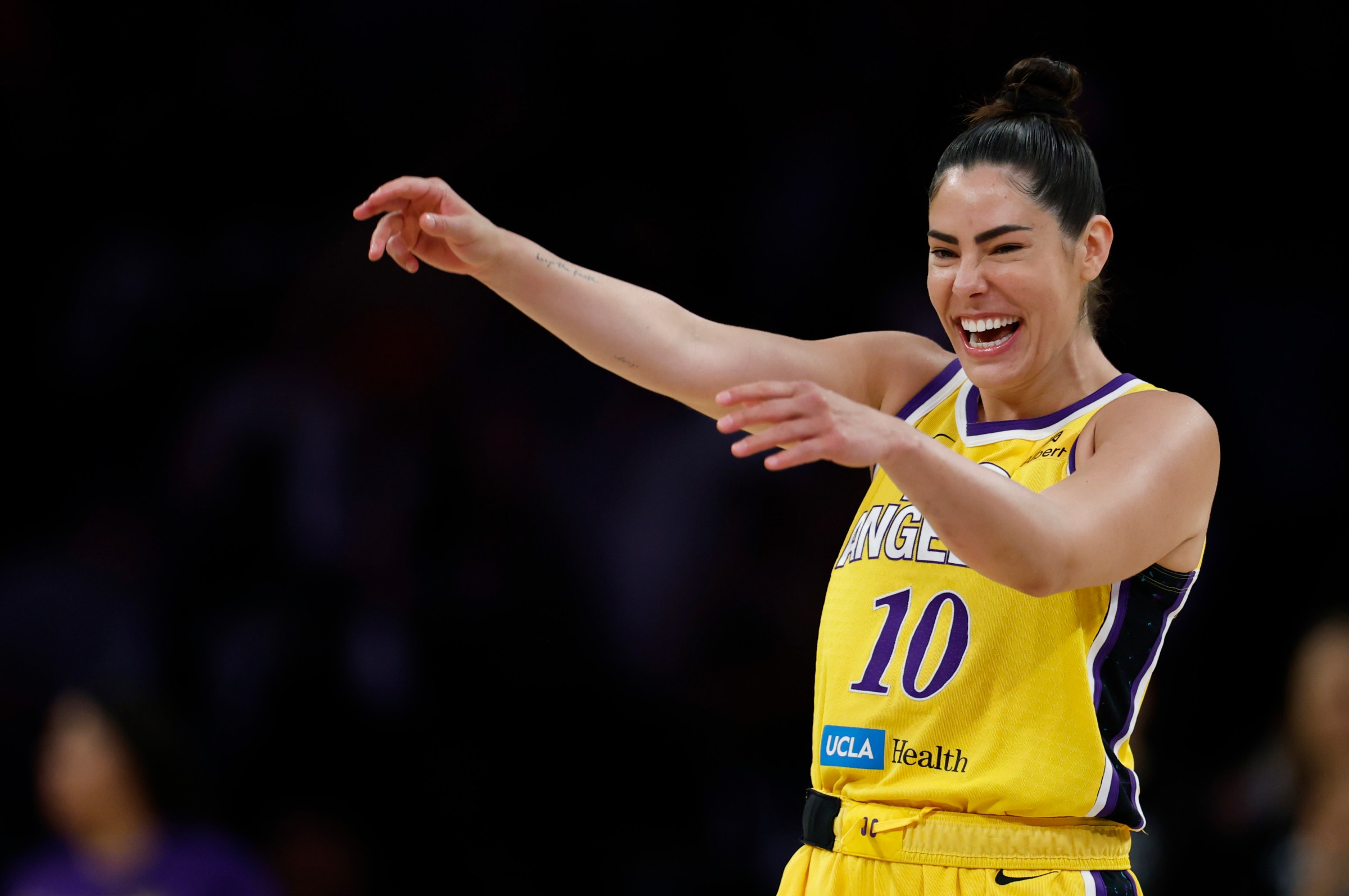 LOS ANGELES, CALIFORNIA - SEPTEMBER 11: Kelsey Plum #10 of the Los Angeles Sparks reacts at the tip off during the game between the Las Vegas Aces and the Los Angeles Sparks at Crypto.com Arena on September 11, 2025 in Los Angeles, California. (Photo by Harry How/Getty Images)