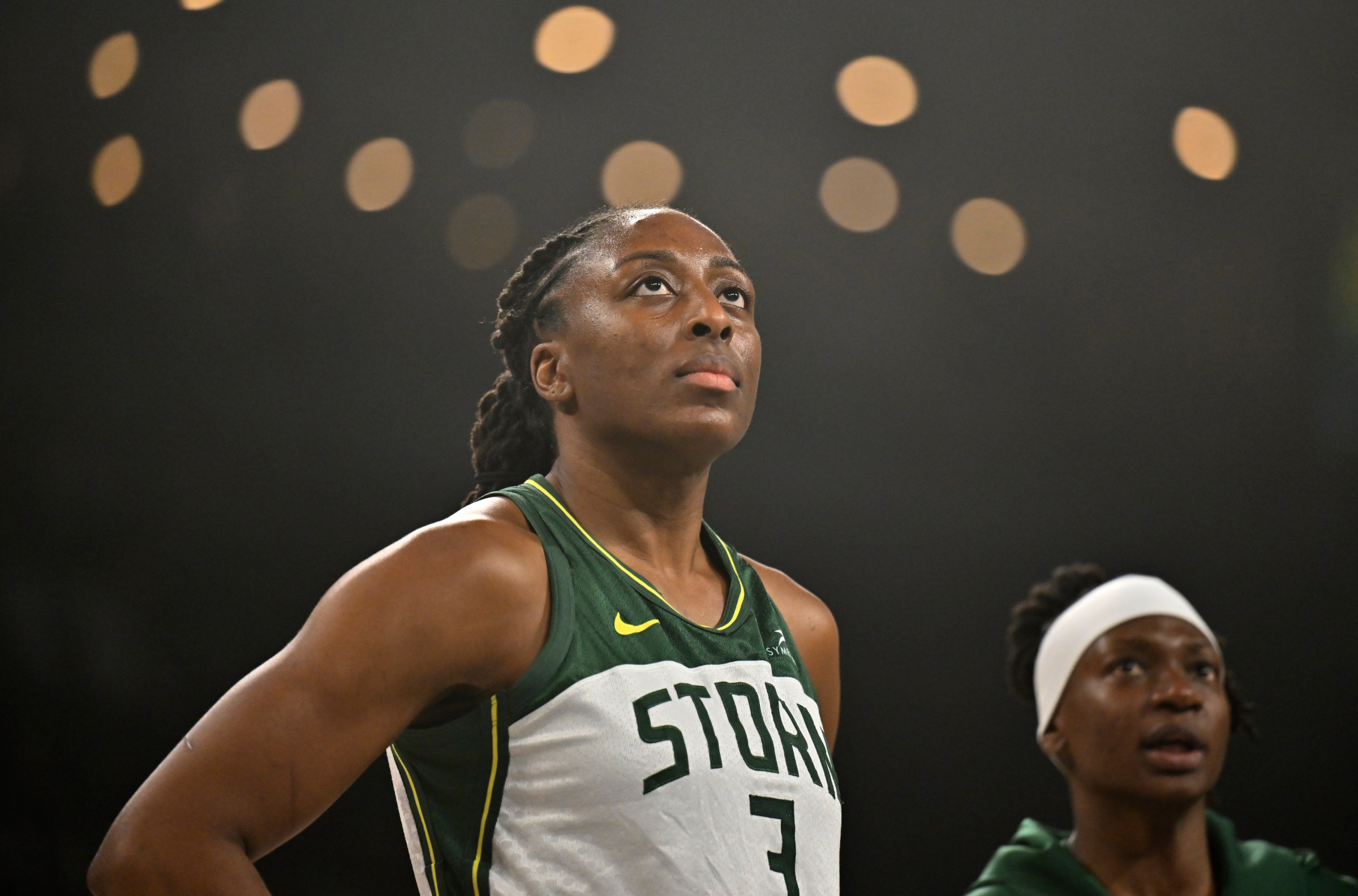 LAS VEGAS, NV - SEPTEMBER 18: Nneka Ogwumike #3 of the Seattle Storm looks on before the game against the Las Vegas Aces during round 1 game 3 on September 18, 2025 at Michelob ULTRA Arena in Las Vegas, Nevada. NOTE TO USER: User expressly acknowledges and agrees that, by downloading and or using this photograph, User is consenting to the terms and conditions of the Getty Images License Agreement. Mandatory Copyright Notice: Copyright 2025 NBAE (Photo by David Becker/NBAE via Getty Images)