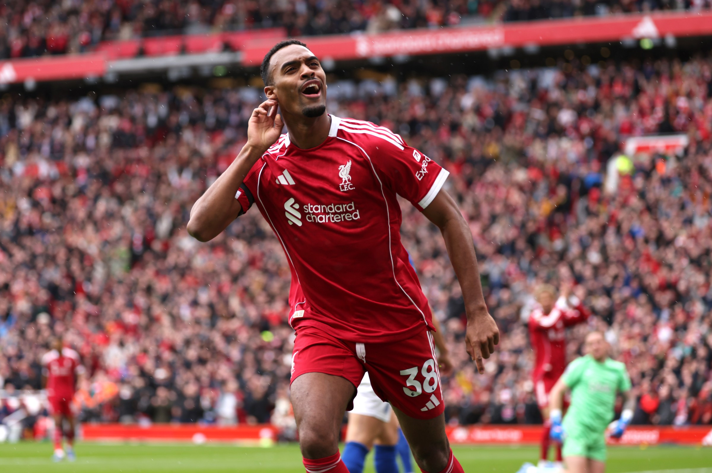 LIVERPOOL, ENGLAND - SEPTEMBER 20: (THE SUN OUT, THE SUN ON SUNDAY OUT) Ryan Gravenberch of Liverpool celebrates scoring his team’s first goal during the Premier League match between Liverpool and Everton at Anfield on September 20, 2025 in Liverpool, England. (Photo by Liverpool FC/Liverpool FC via Getty Images)