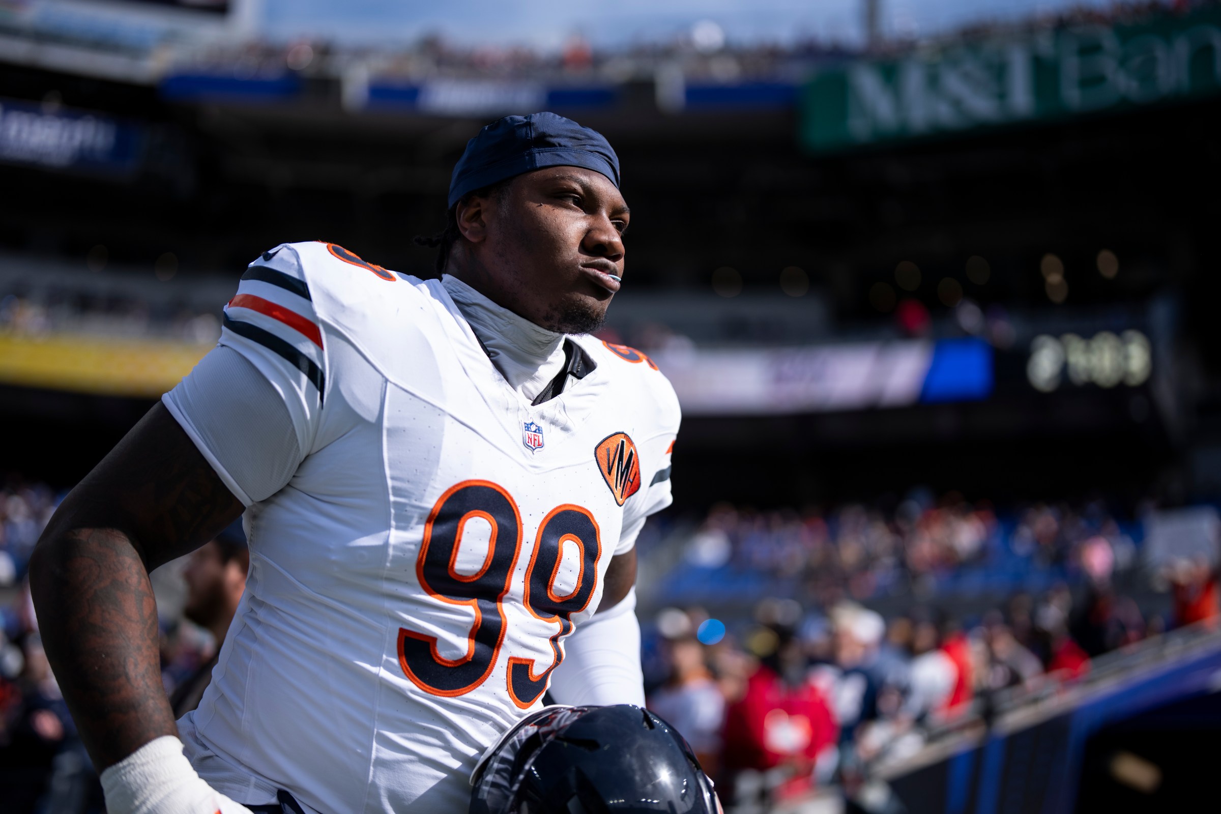 BALTIMORE, MARYLAND - OCTOBER 26: Gervon Dexter Sr. #99 of the Chicago Bears runs prior to an NFL football game against the Baltimore Ravens at M&T Bank Stadium on October 26, 2025 in Baltimore, Maryland. (Photo by Michael Owens/Getty Images)
