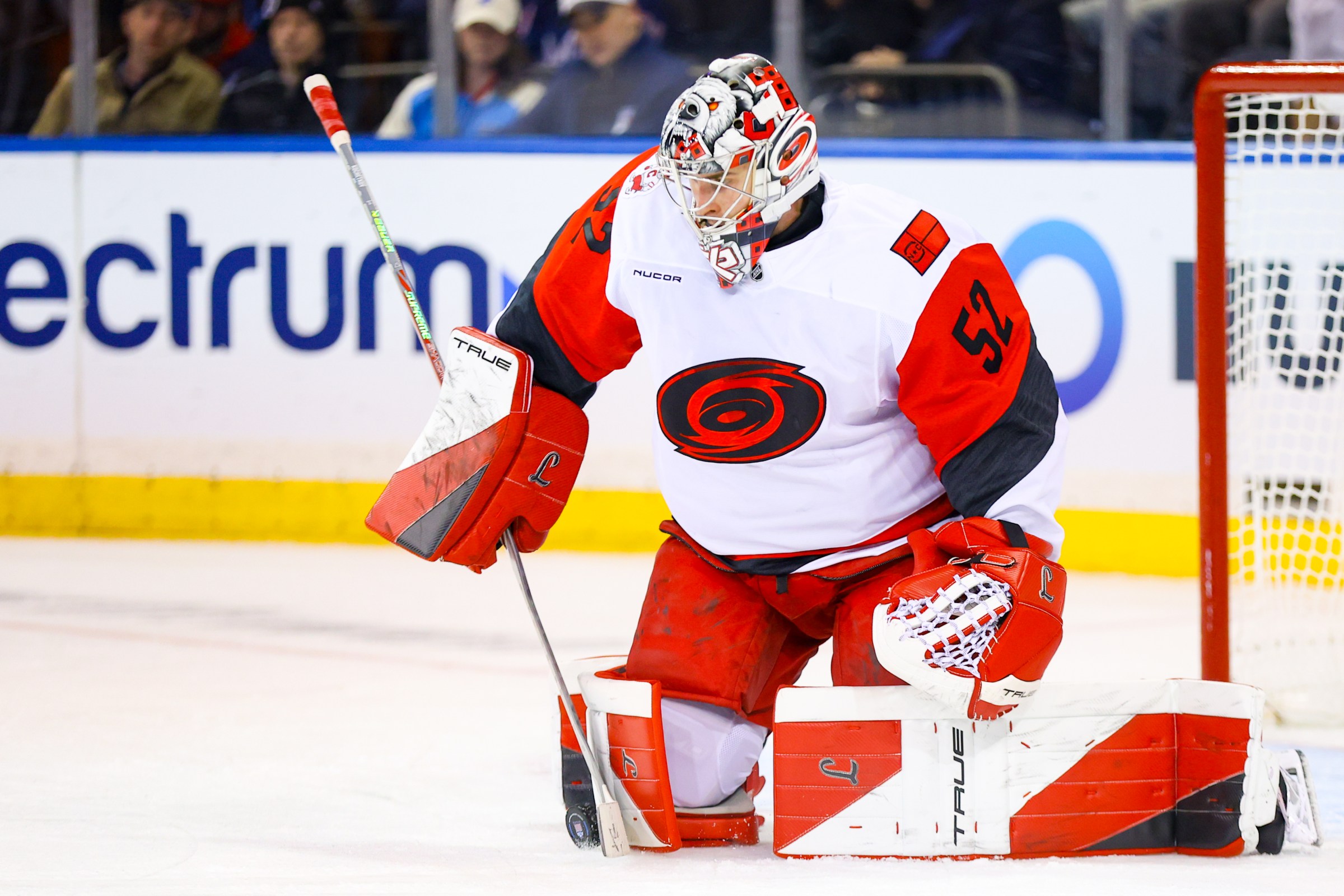 NEW YORK, NY - NOVEMBER 04: Pyotr Kochetkov #52 of the Carolina Hurricanes plays the puck during the third period of the National Hockey League game between the Carolina Hurricanes and the New York Rangers on November 4, 2025 at Madison Square Garden in New York, NY. (Photo by Joshua Sarner/Icon Sportswire via Getty Images)