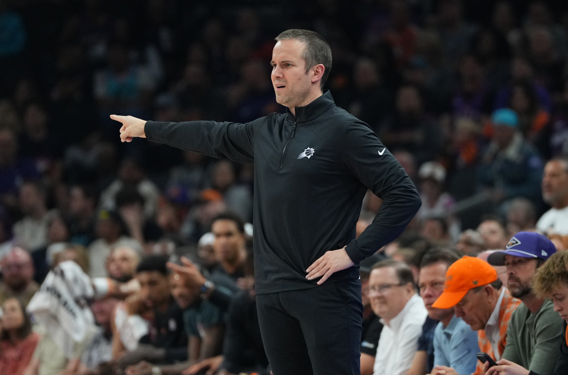 PHOENIX, ARIZONA - NOVEMBER 16: Head coach Jordan Ott of the Phoenix Suns directs his team during the first half against the Atlanta Hawks at Mortgage Matchup Center on November 16, 2025 in Phoenix, Arizona. NOTE TO USER: User expressly acknowledges and agrees that, by downloading and or using this photograph, User is consenting to the terms and conditions of the Getty Images License Agreement. (Photo by Kelsey Grant/Getty Images)