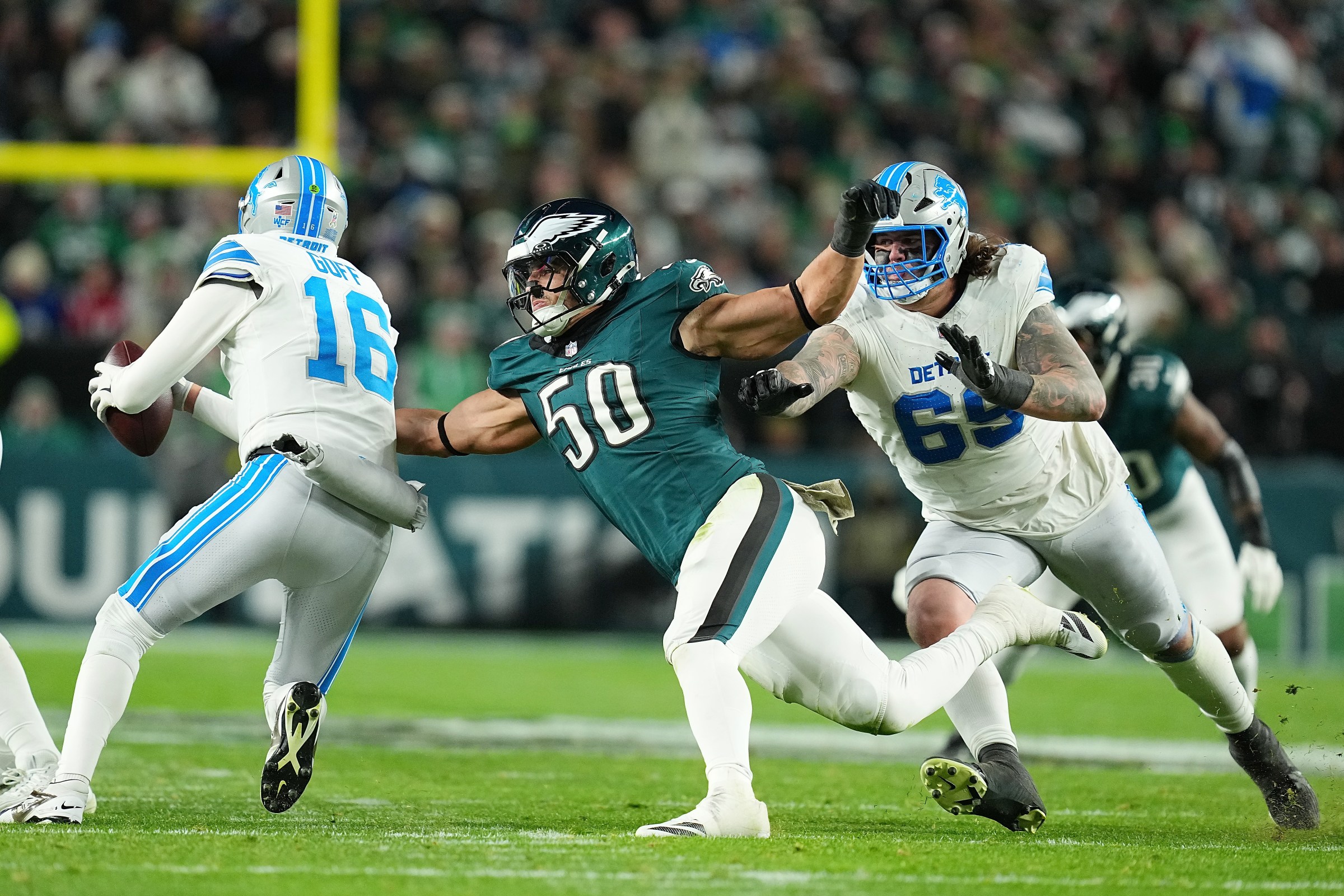PHILADELPHIA, PENNSYLVANIA - NOVEMBER 16: Jaelan Phillips #50 of the Philadelphia Eagles pressures Jared Goff #16 of the Detroit Lions during the second half of a game at Lincoln Financial Field on November 16, 2025 in Philadelphia, Pennsylvania. (Photo by Mitchell Leff/Getty Images)
