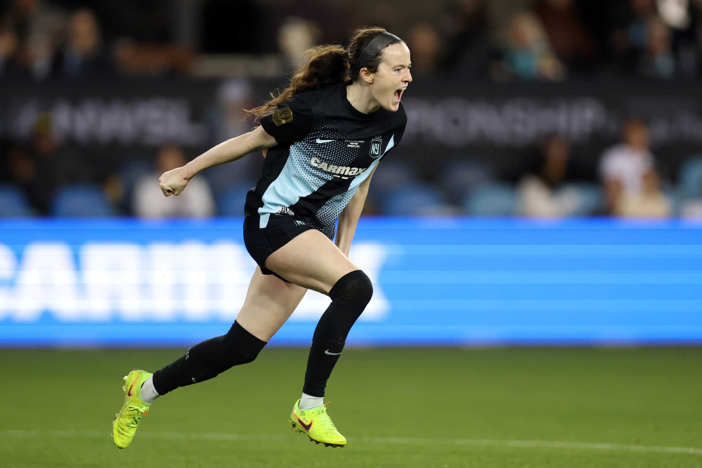 SAN JOSE, CALIFORNIA - NOVEMBER 22: Rose Lavelle #16 of NJ/NY Gotham FC celebrates after scoring the team’s first goal during the NWSL Championship 2025 final between Washington Spirit and NJ/NY Gotham FC at PayPal Park on November 22, 2025 in San Jose, California. (Photo by Elsa/NWSL via Getty Images)