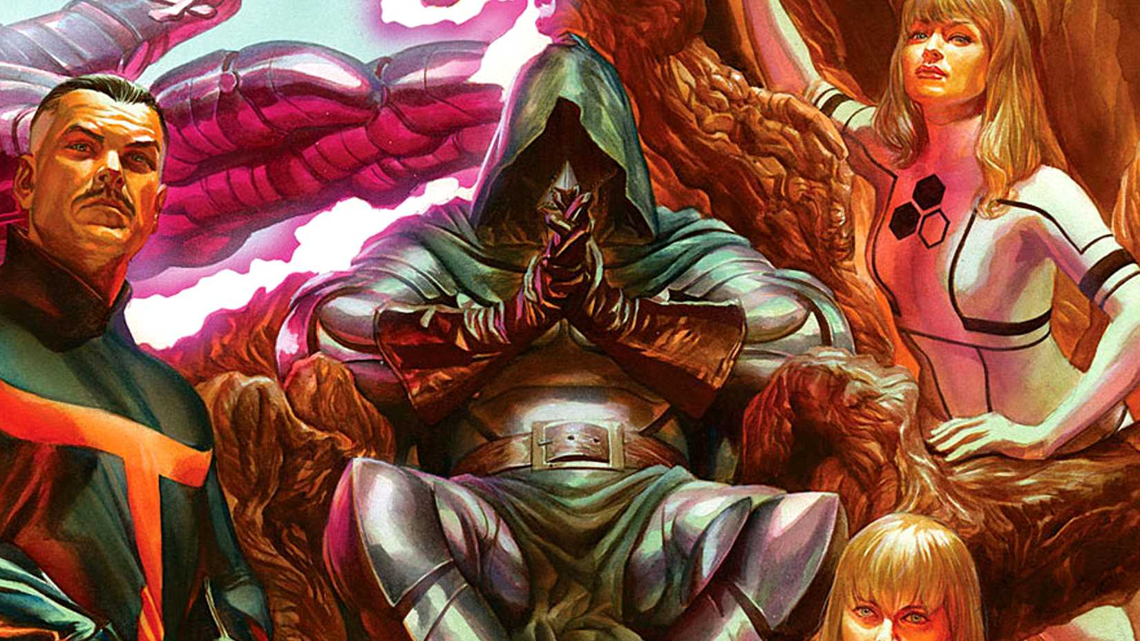 God Emperor Doctor Doom sits on his throne guarded by Doctor Strange and Sue Storm