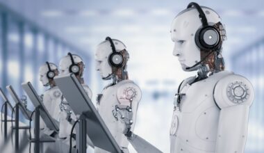 Multiple humanoid robots wearing headsets work at monitors in a row within a futuristic office setting.