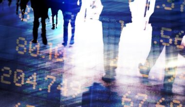 Blurred silhouettes of people walking overlaid with digital financial data, numbers, and stock market indicators