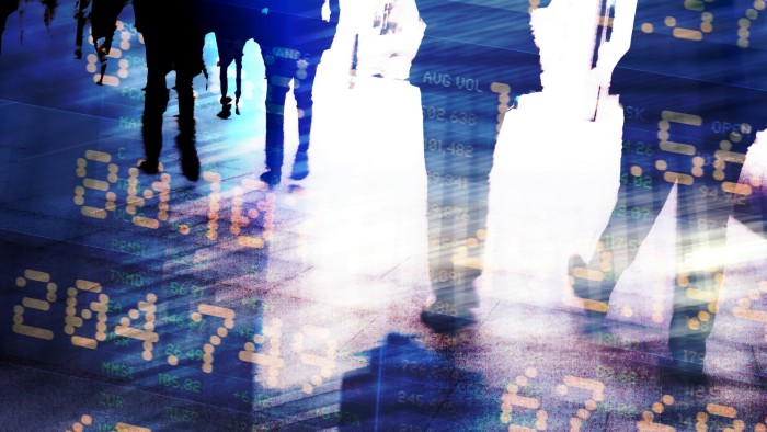 Blurred silhouettes of people walking overlaid with digital financial data, numbers, and stock market indicators