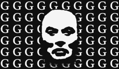 An illustration of Elon Musk’s face, centered over a repeating pattern of white “G” letters on a black background.