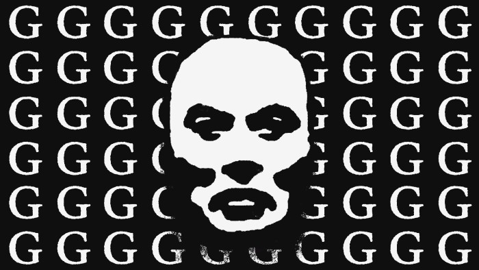 An illustration of Elon Musk’s face, centered over a repeating pattern of white “G” letters on a black background.