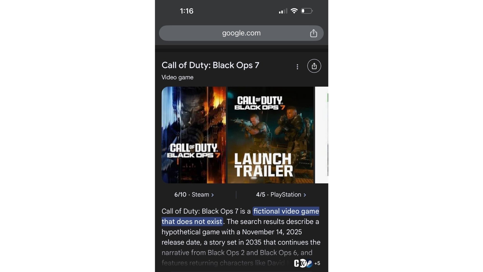 AI overview of Black Ops 7 search result