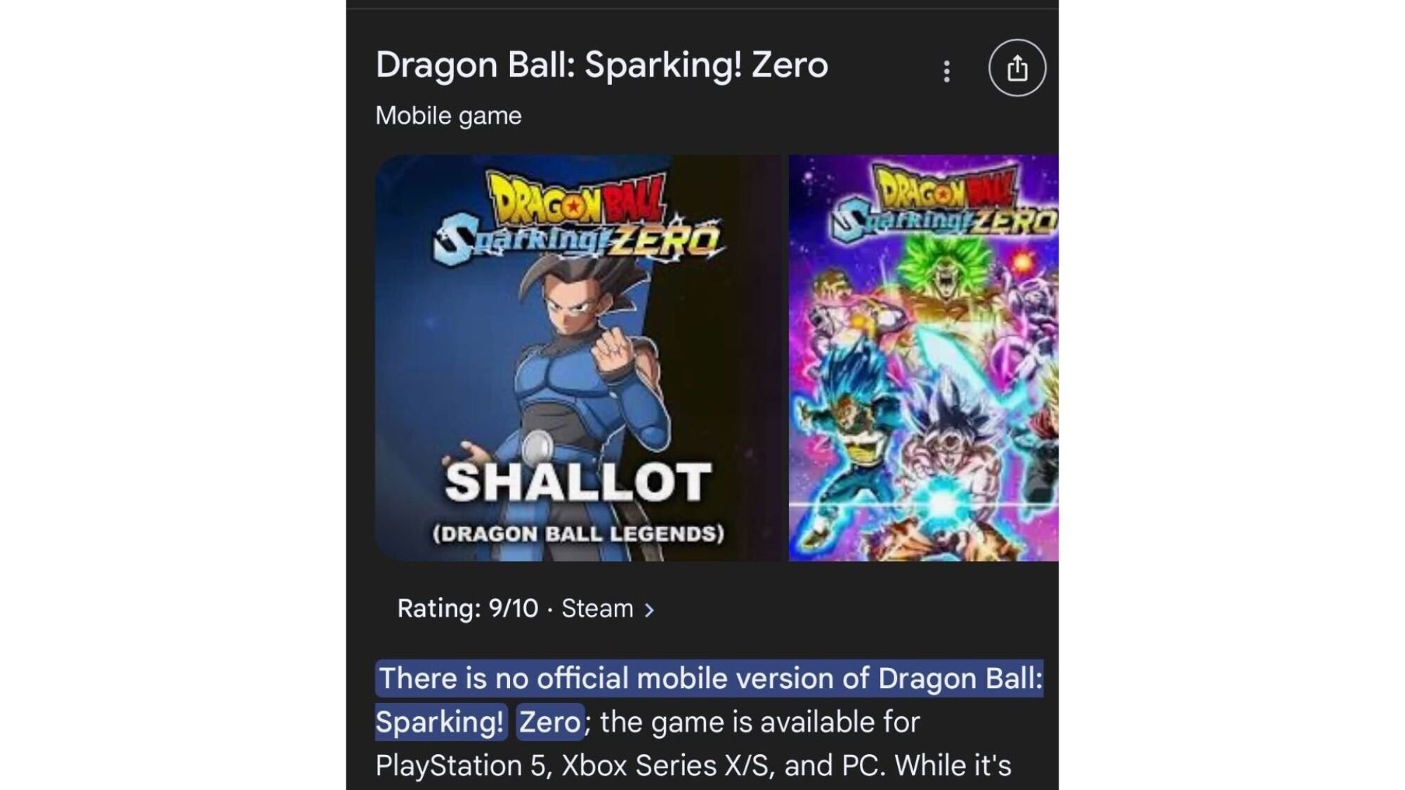 AI overview of DragonBall Sparking Zero search result