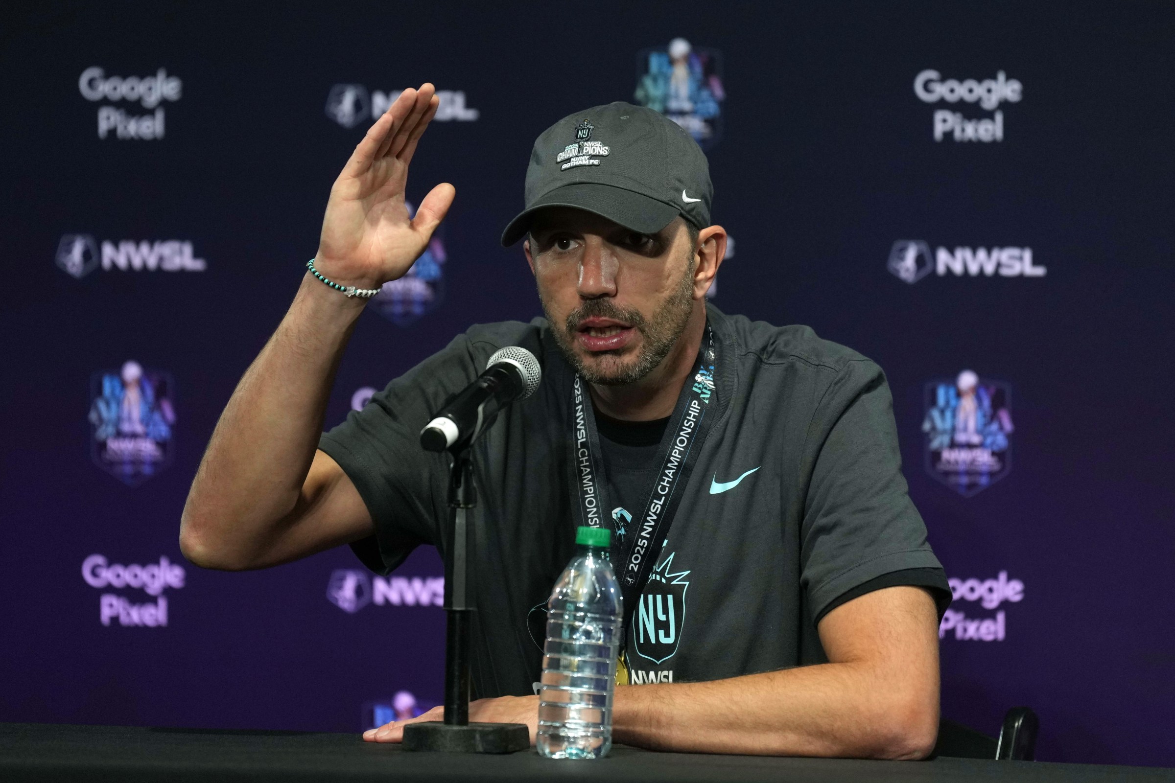 Nov 22, 2025; San Jose, California, USA; Gotham FC head coach Juan Carlos Amoros speaks to media after defeating the Washington Spirit in the 2025 NWSL Championship at PayPal Park. Mandatory Credit: Darren Yamashita-Imagn Images