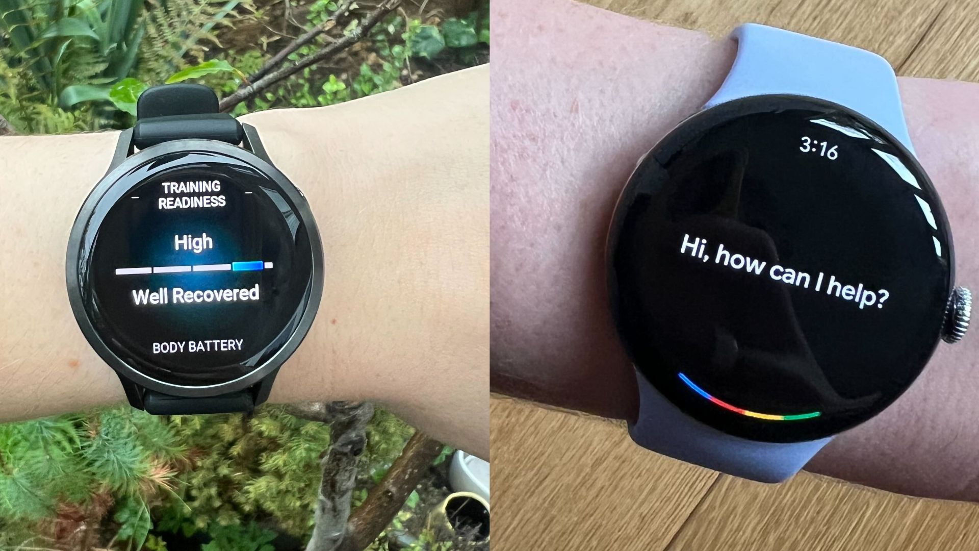 Grace Walsh wearing the Garmin Venu 4 with Training Readiness on screen and Google Pixel Watch 4 with Gemini AI voice assistant on screen