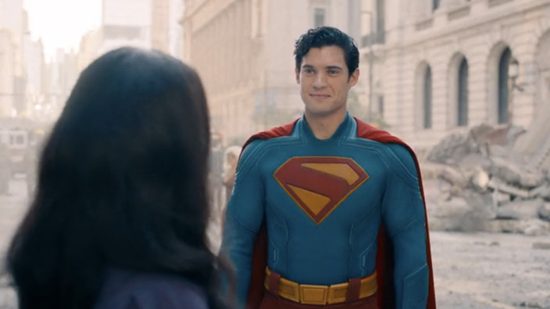 David Corenswet's Superman stands in the streets of Metropolis opposite Rachel Brosnahan's Lois Lane in Superman