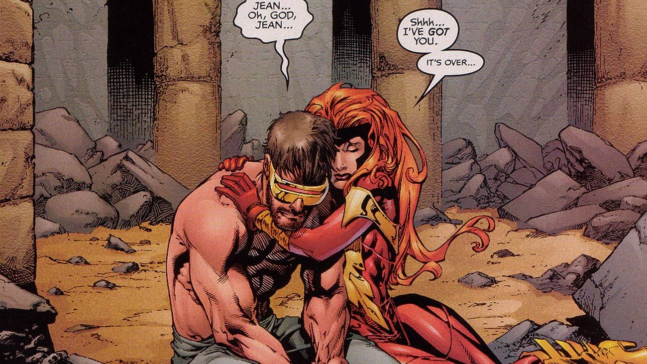 Jean holds Scott after saving him from Apocalypse in the Search for Cyclops