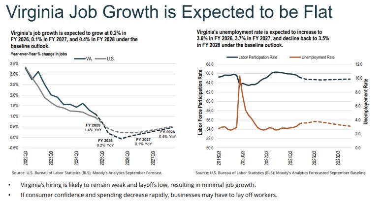 Virginia's job growth is projected to be flat. From presentation to Senate Finance Committee. 