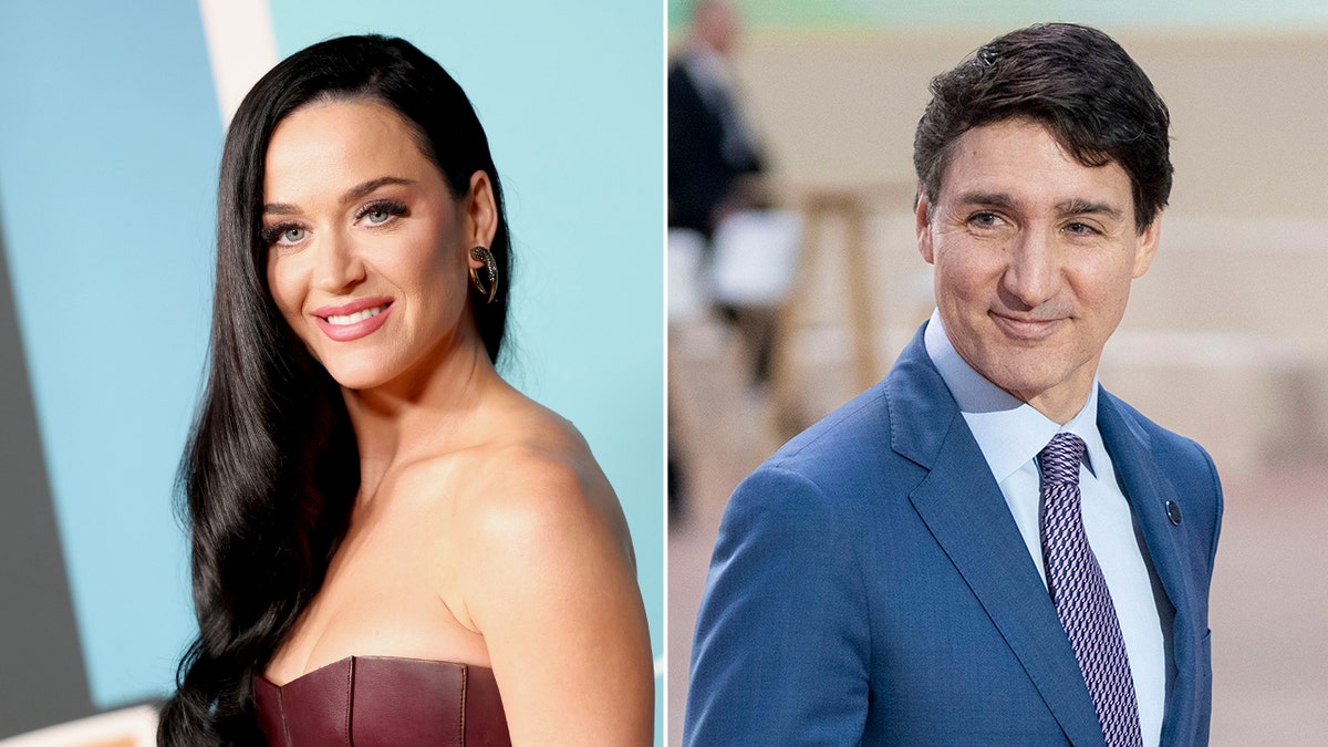 Katy Perry in a maroon dress and Justin Trudeau in a suit.