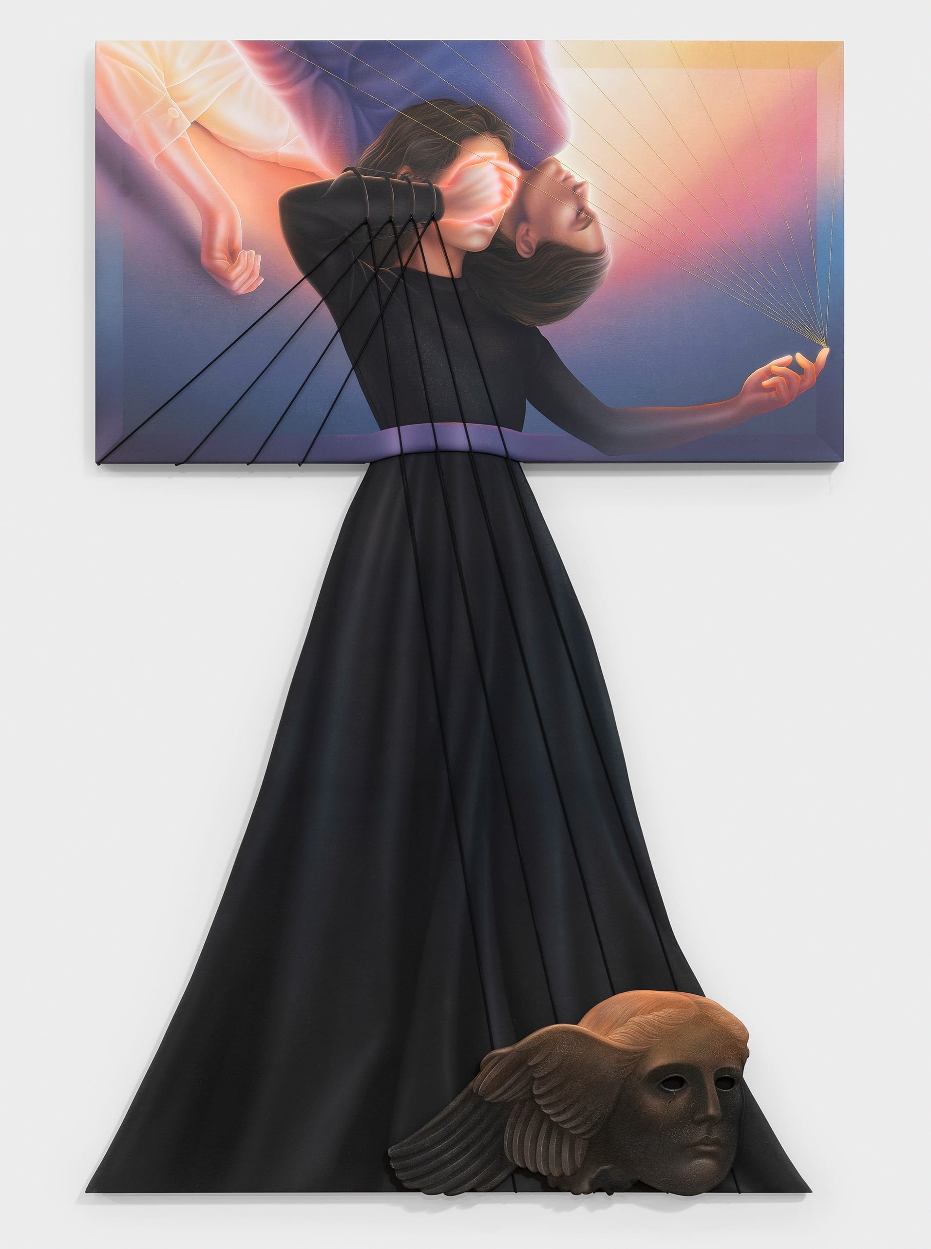 a work by Arghavan Khosravi of a woman in a long black dress shielding her eyes, while another figure hovers overhead. a statue head is at her feet