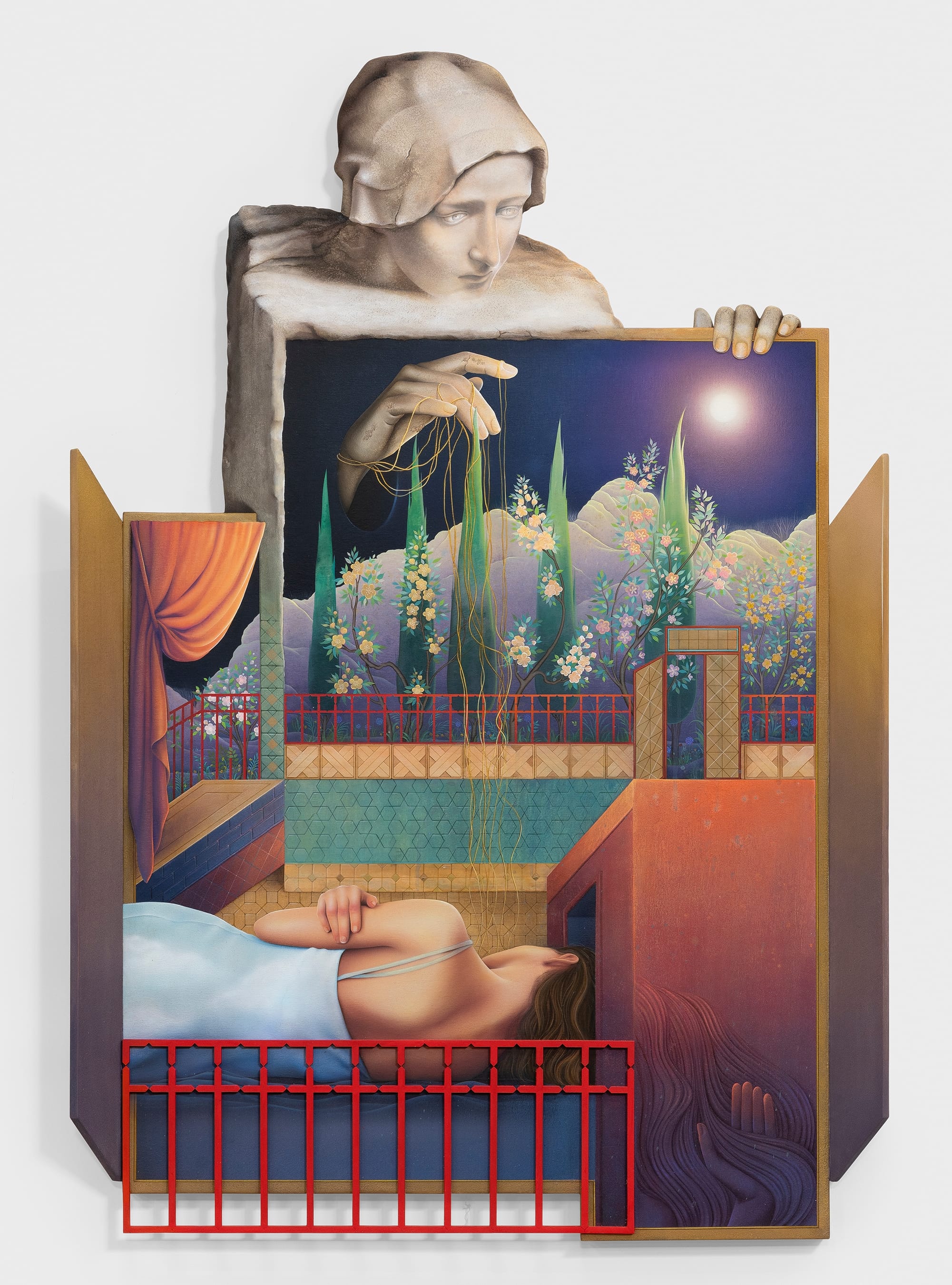 a sculptural work by Arghavan Khosravi of a Greek statue peering over a whimsical night scene with a woman lying on her side with her back to the viewer near the bottom