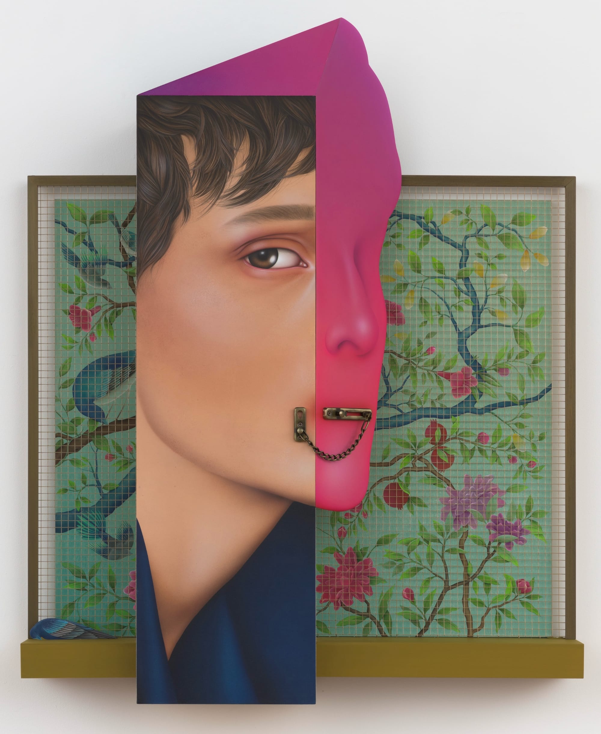 a work by Arghavan Khosravi of a fragmented bit of a person with a chain lock for a mouth and a floral work behind