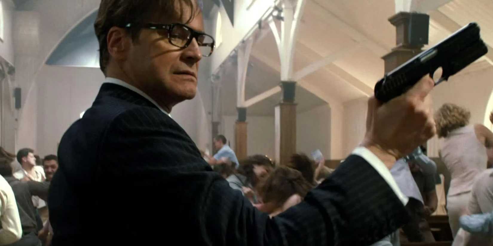 Galahad onloading his gun at a church in Kingsman: The Secret Service.