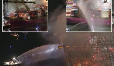 LA firefighters battle blaze on container ship carrying hazardous materials at port