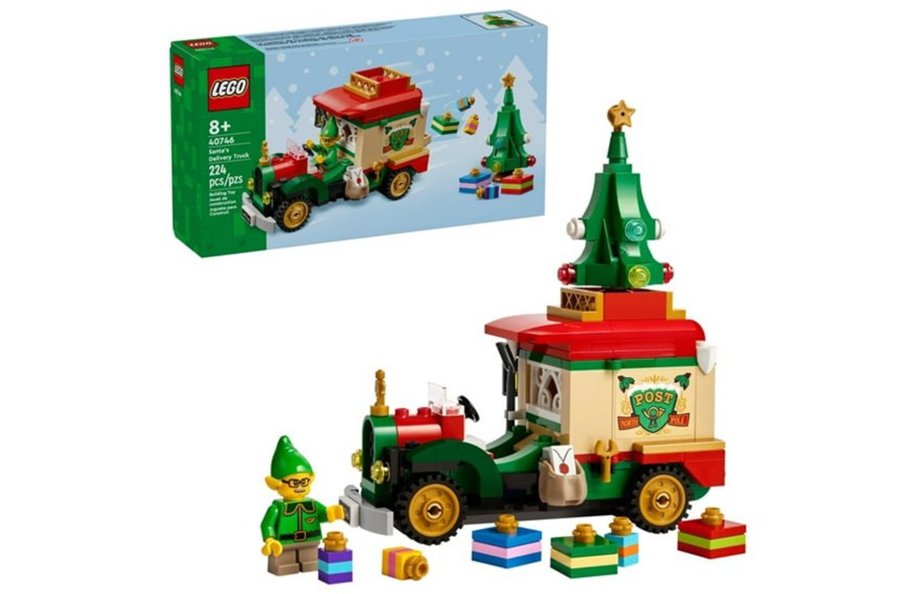 LEGO Santa's Delivery Truck 40746 set, featuring a dark green and red truck with a Christmas tree on top, an elf minifigure, and several small gift boxes.