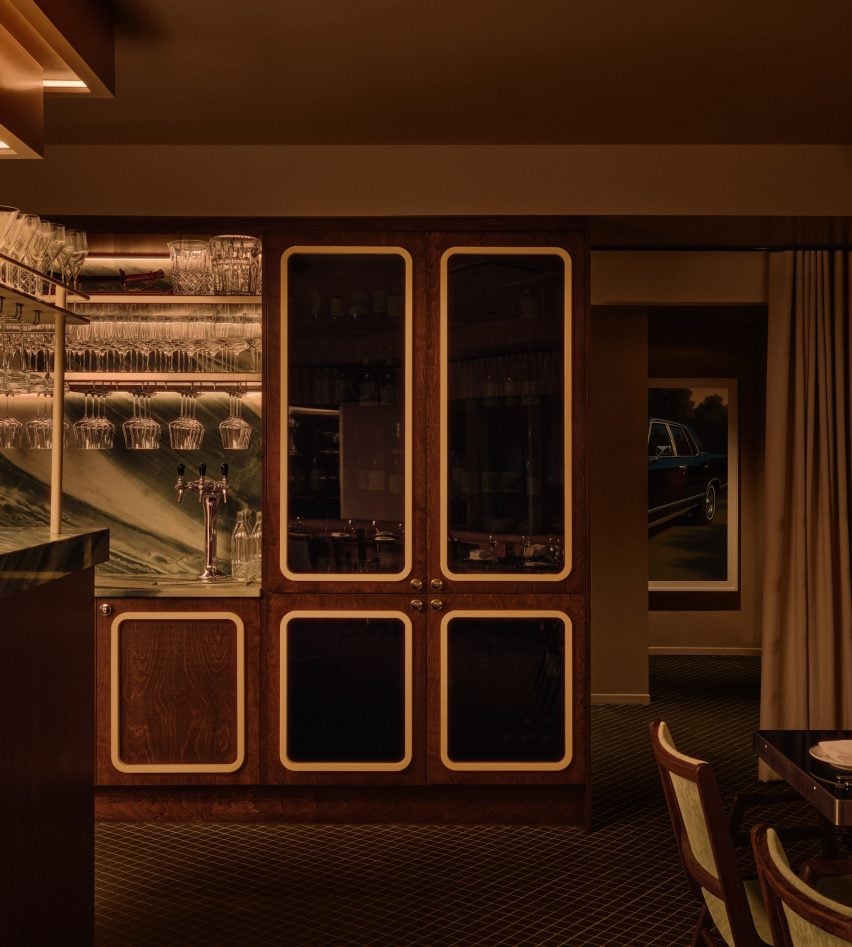 Service station with a green marble counter and backsplash