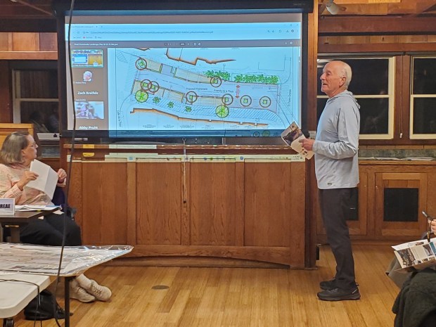 La Jollan Phil Wise presents a landscaping plan for the proposed Promenade de la Playa to the La Jolla Shores Association on Nov. 12. (Ashley Mackin-Solomon)
