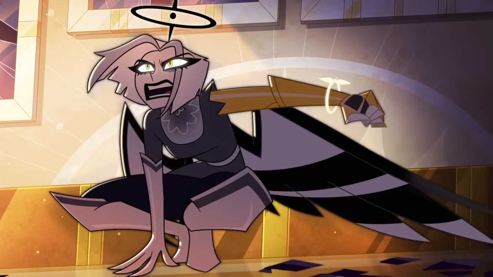 Lute holds a shard of glass while grimacing in Hazbin Hotel season 2's song Gravity