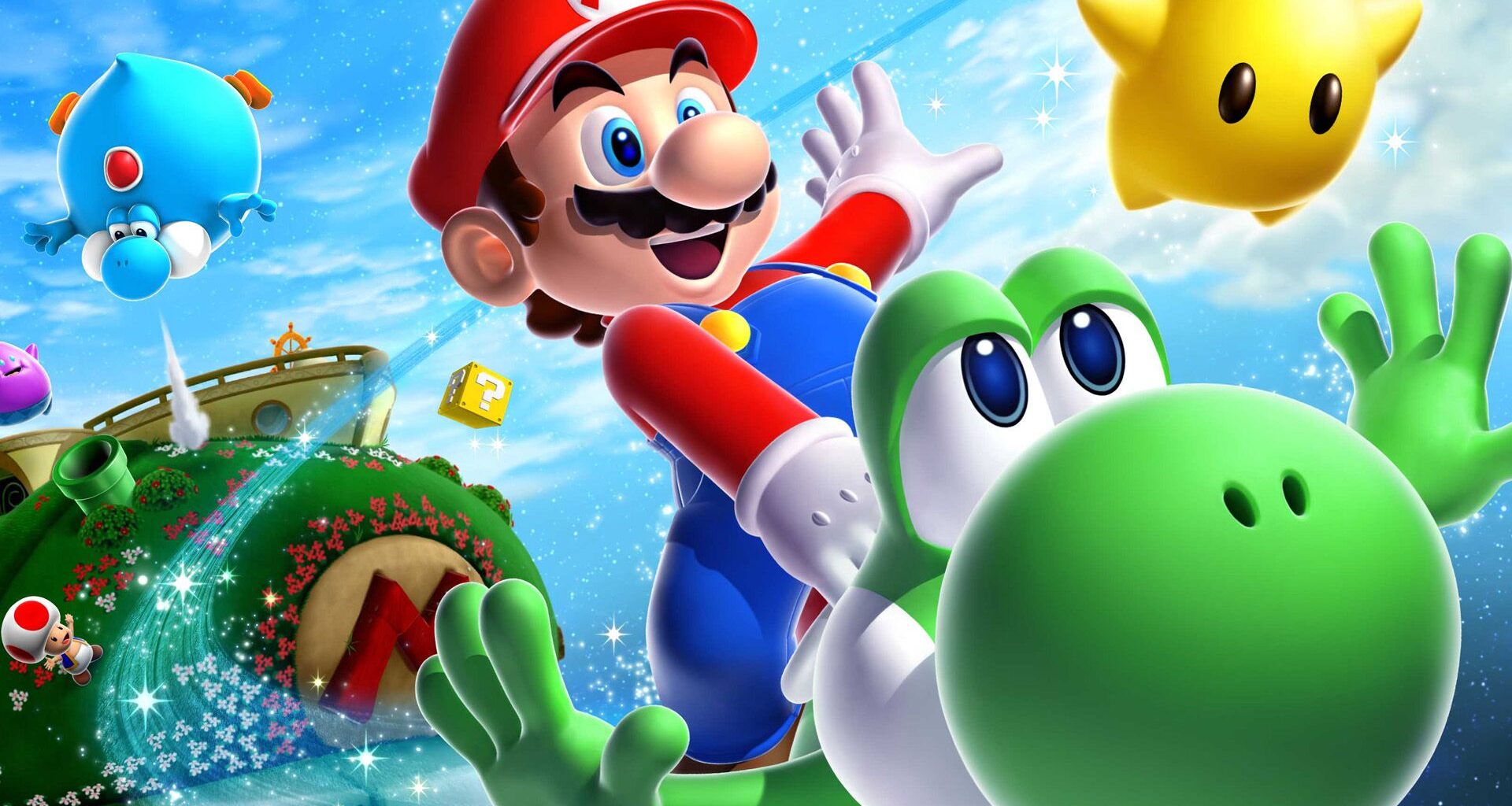 Mario riding Yoshi in Super Mario Galaxy 2