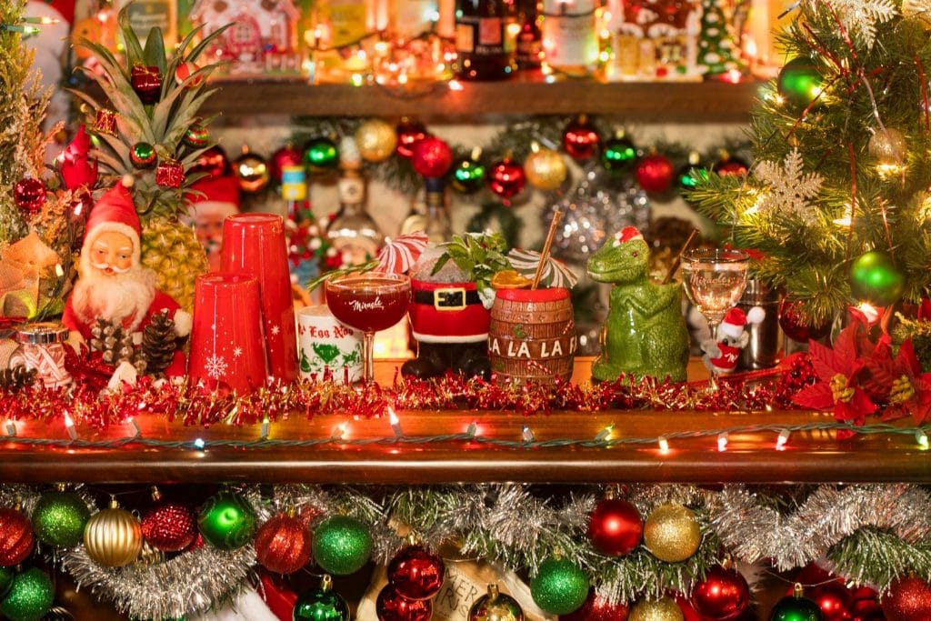 Image shows the general festive vibe and themed cocktails offered at the Miracle holiday pop-up.