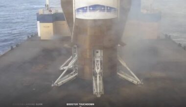 Blue Origin's New Glenn booster on the company's landing platform in the ocean