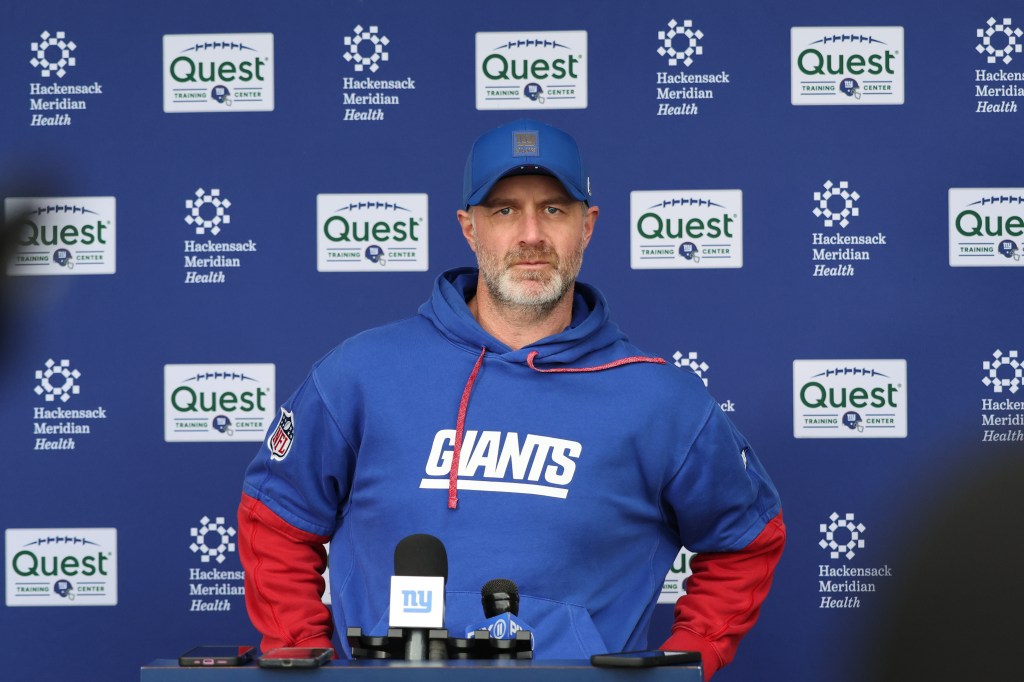 New York Giants defensive coordinator Shane Bowen speaking to the media at the New York Giants training facility.