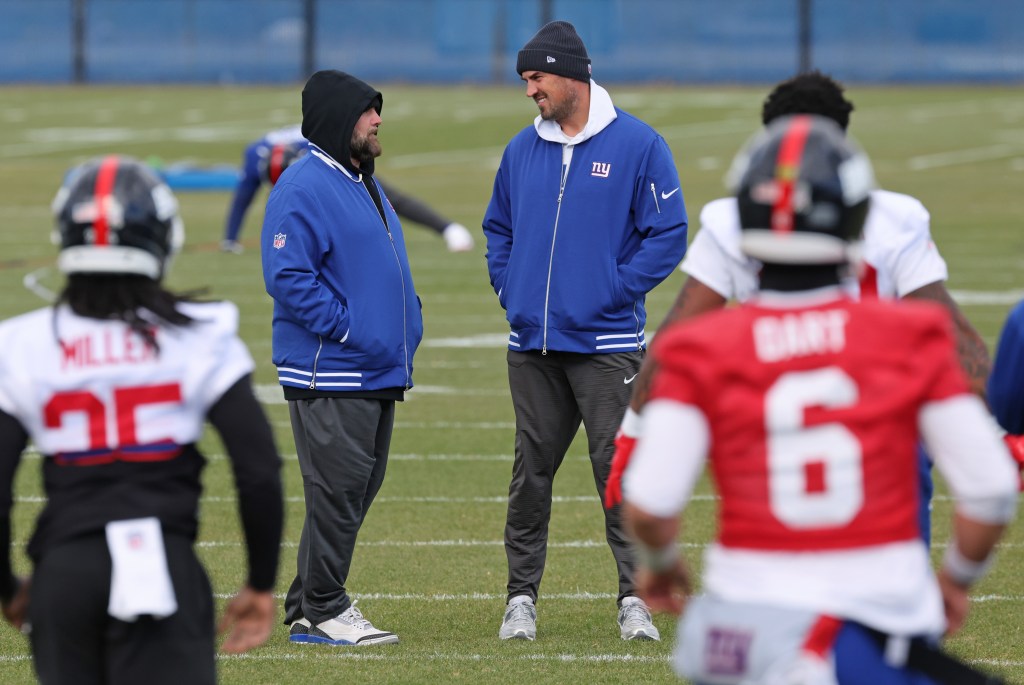 New York Giants head coach Brian Daboll and offensive coordinator Mike Kafka during practice.