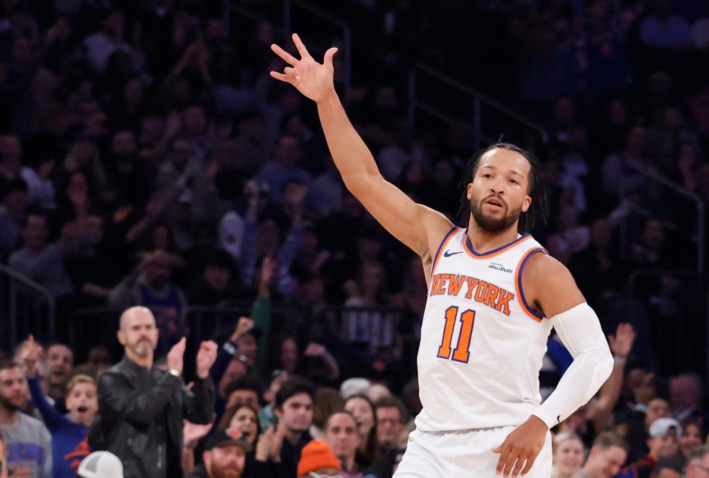 Jalen Brunson reacts after hitting a three-point shot in the first half at Madison Square Garden in New York, New York, November 02, 2025.