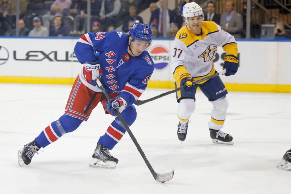Gabe Perreault notches first NHL point in season debut on Rangers' top line