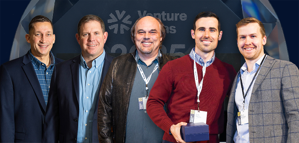 Among the leaders of the 2025 Venture Dallas Startup of the Year winners are BILT Inc. President and COO Ahmed Qureshi and Chairman and CEO Nate Henderson; Worlds CEO Dave Copps; and StableCore CEO Alex Treece and COO Nick Elledge. [Composite image: DI Studio]