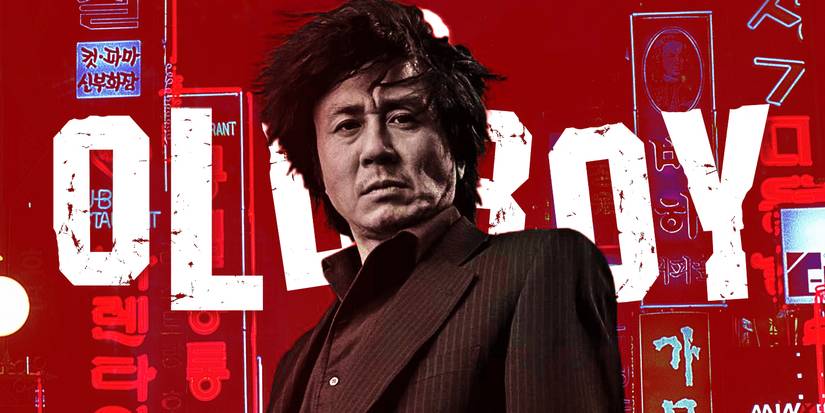 Dae-su Oh (Choi Min-sik) looks serious in front of the title "Oldboy" in a custom image.